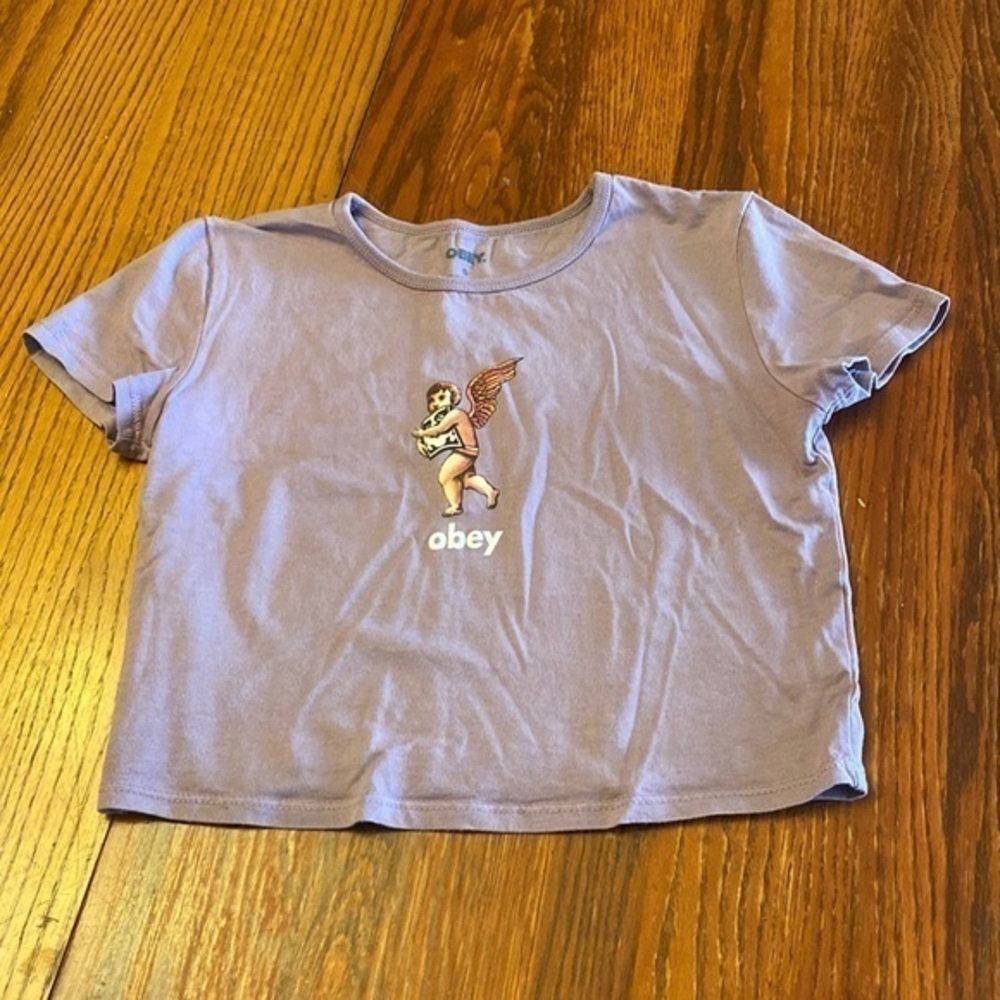 Obey Purple Cherub Logo Cropped T Shirt S